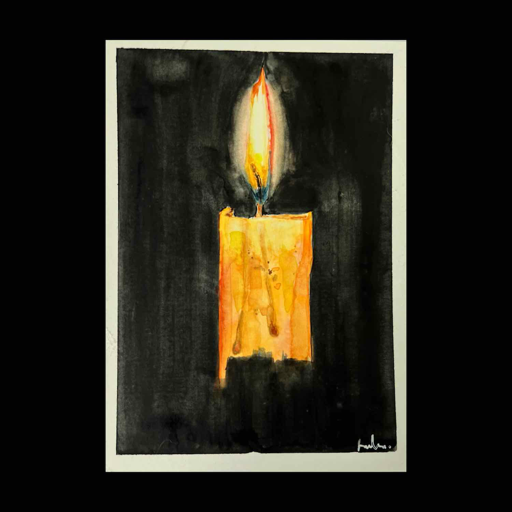 A watercolour painting of a single it candle - Art by Jules Smith