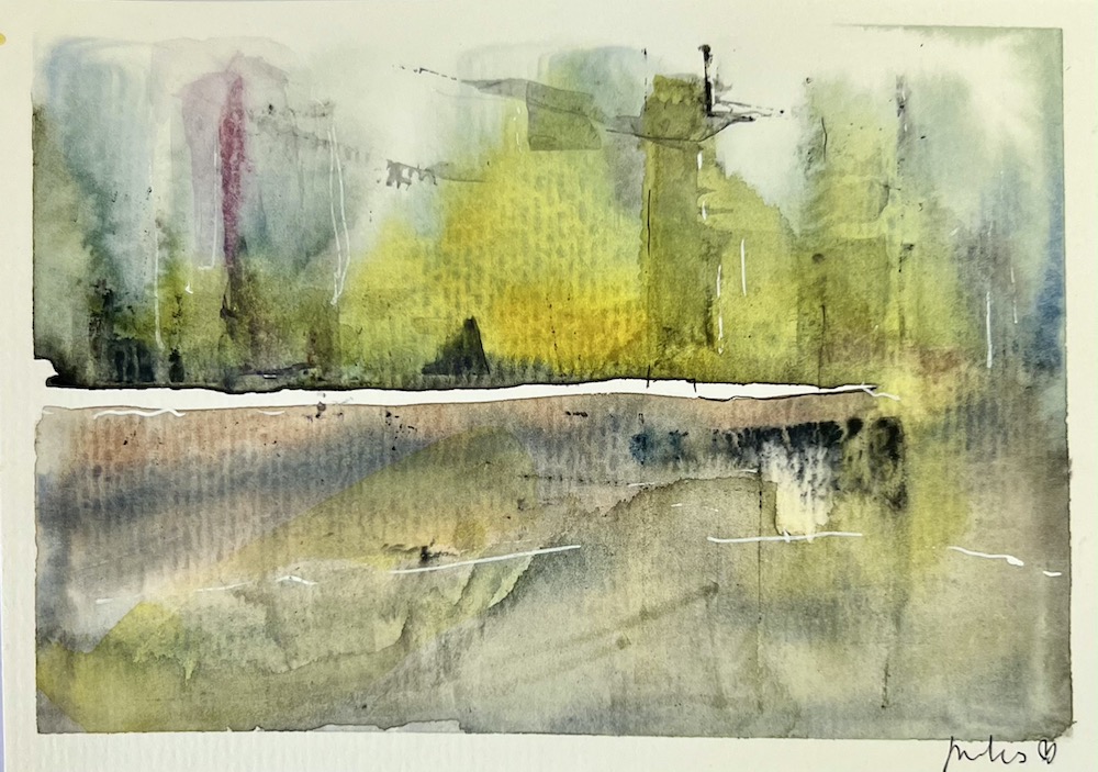 an abstract watercolour cityscape in yellows and grey. Art by Jules Smith, UK