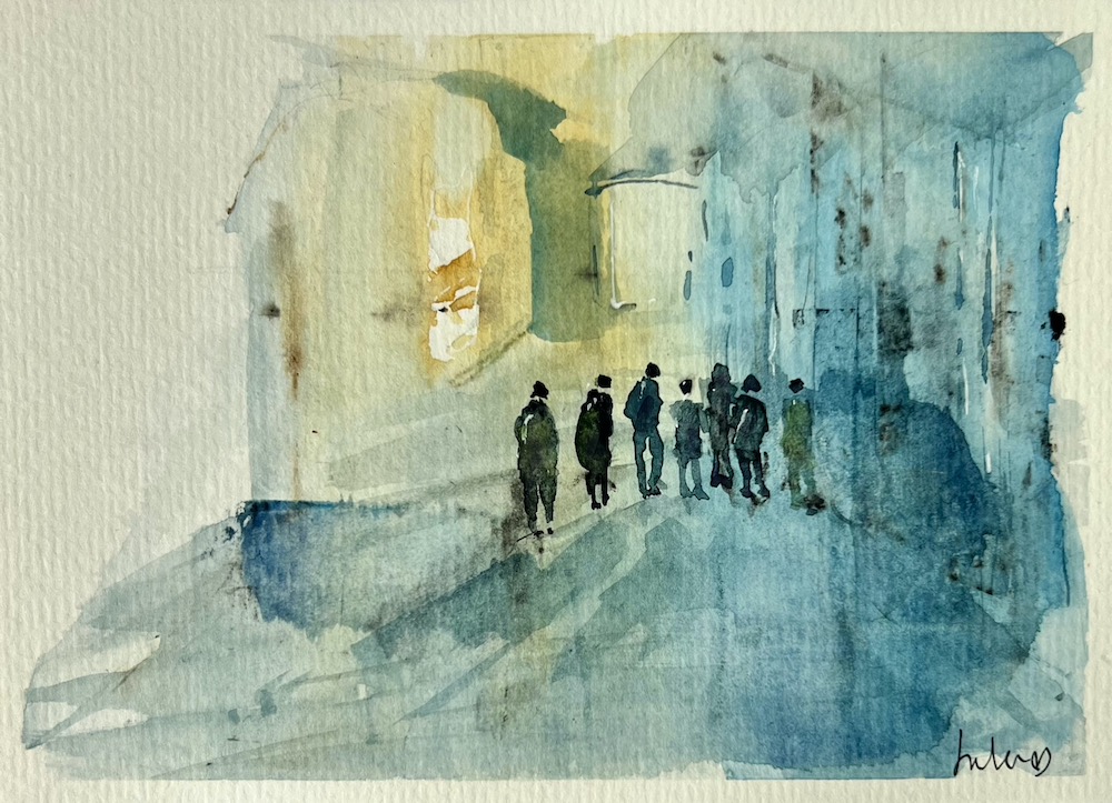 abstract watercolour of people in an urban cityscape. Blues and yellow. Art by Jules Smith