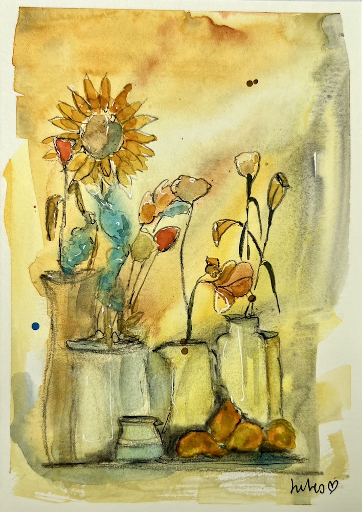 rustic floral still life. An abstract floral watercolour painting in rustic and vintage style. Art by Jules Smith UK